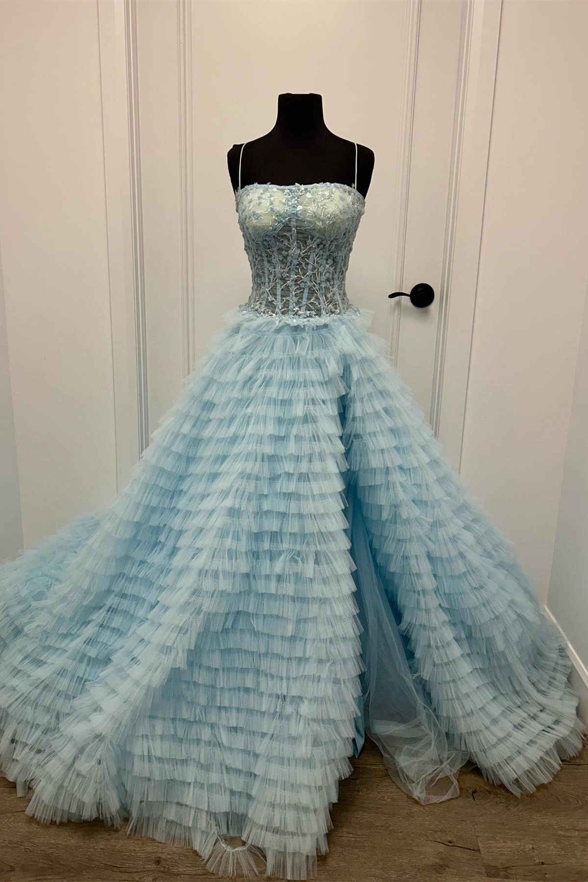 Straps Red Sequin Appliques Layered Tulle Ball Gown