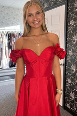 Straps Rosette Red A-Line Slit Long Prom Dress
