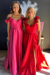 Straps Rosette Red A-Line Slit Long Prom Dress