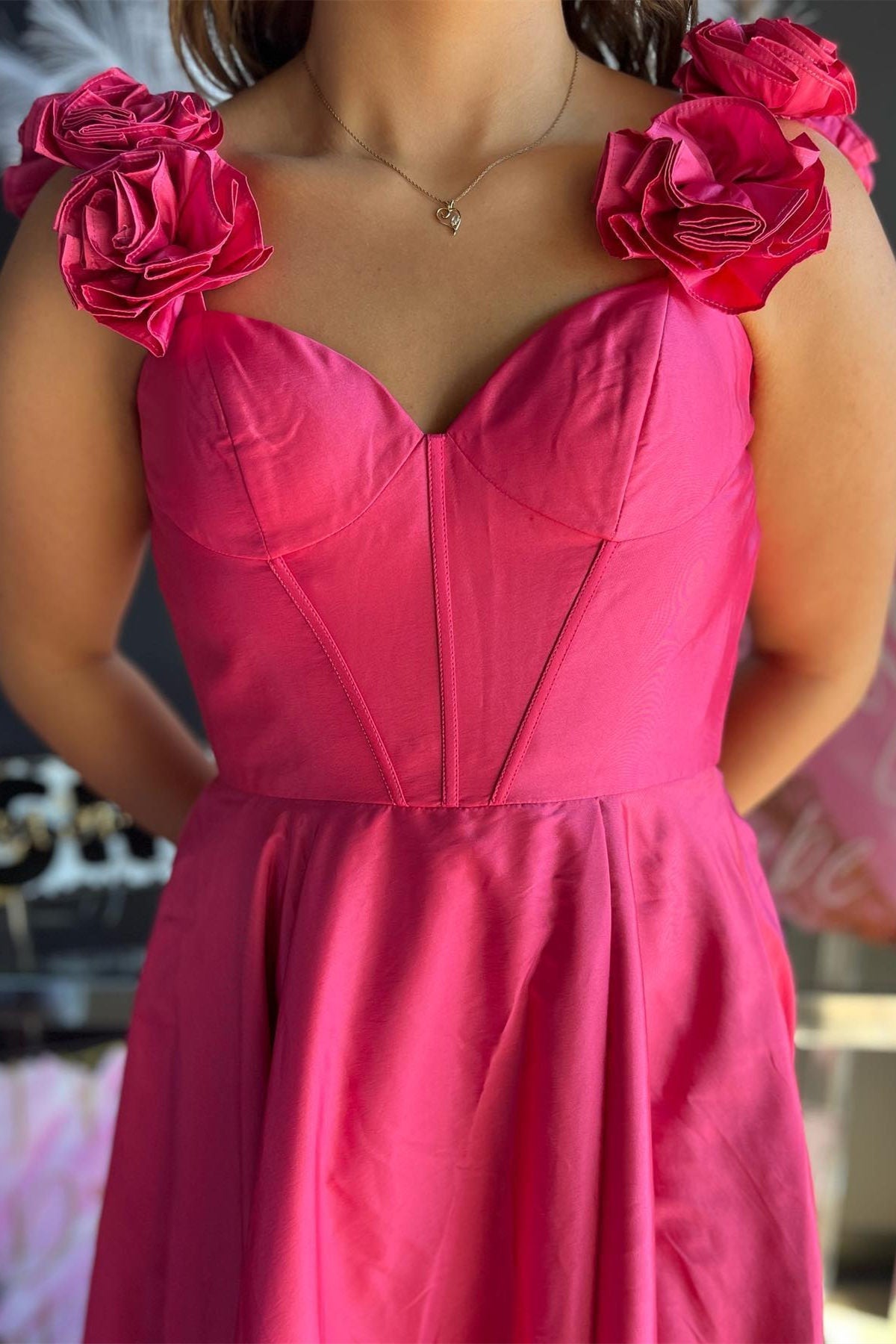 Straps Rosette Red A-Line Slit Long Prom Dress