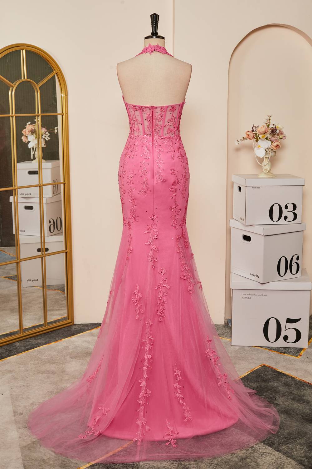 Halter Lace Corset Slit Long Prom Dress with Appliques