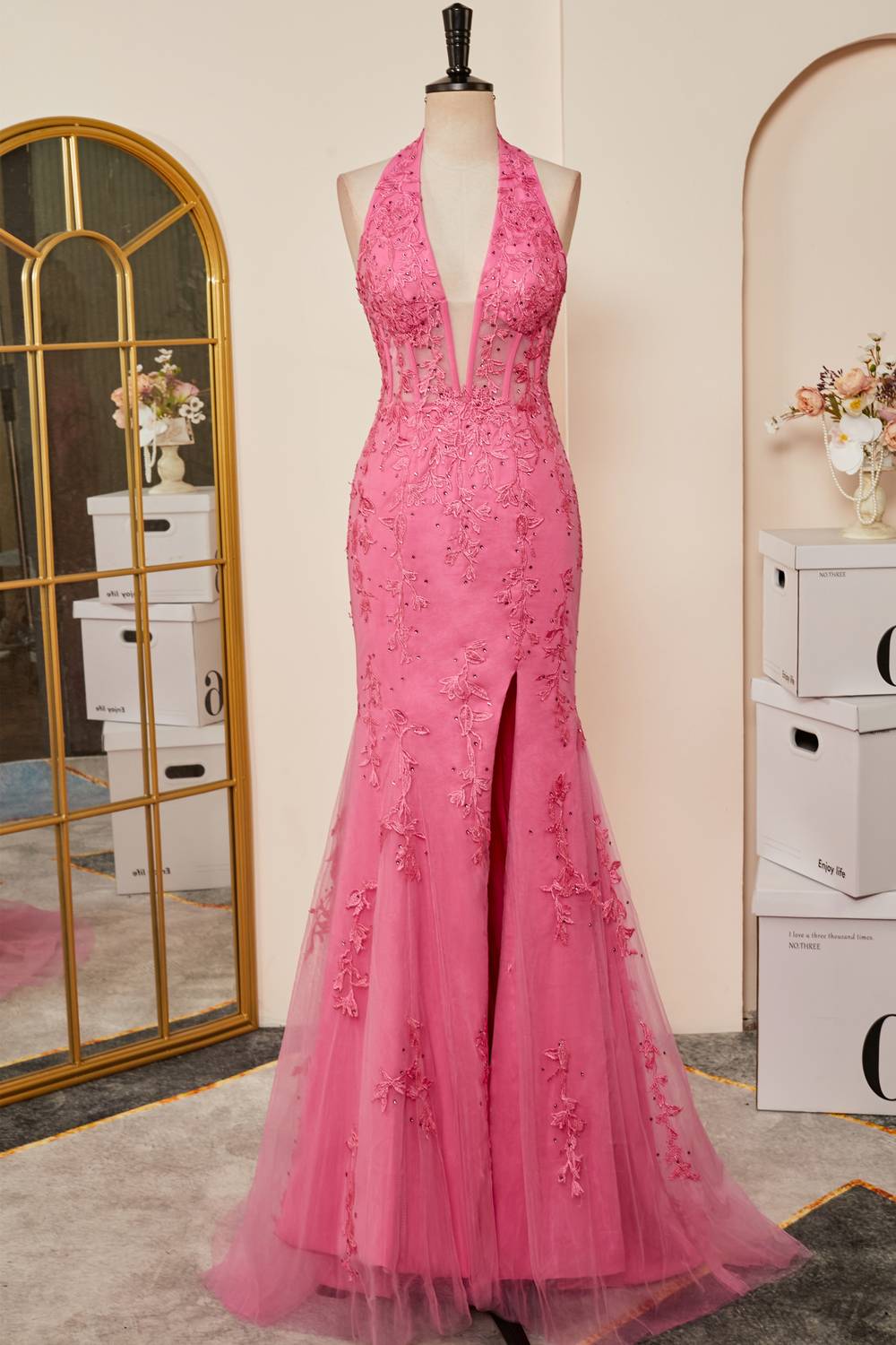 Halter Lace Corset Slit Long Prom Dress with Appliques