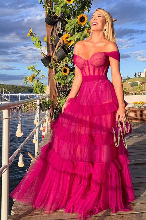 Straps Hot Pink Ruffle Tiered Long Prom Dress