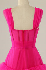 Straps Hot Pink Ruffle Tiered Long Prom Dress