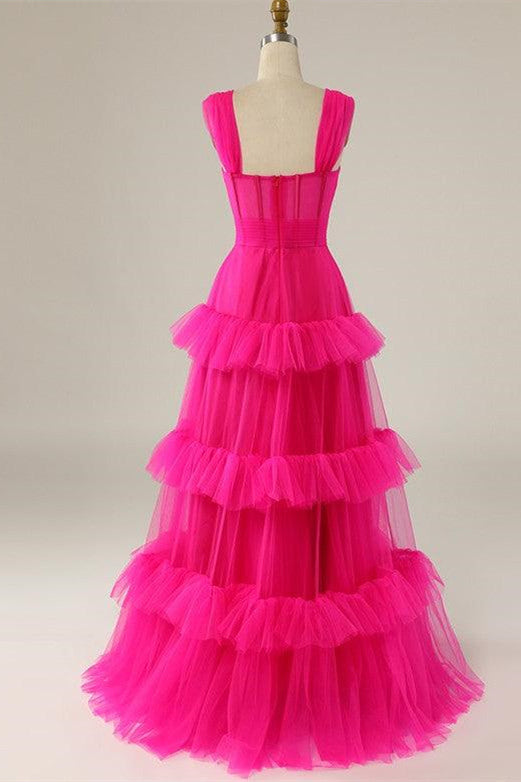 Straps Hot Pink Ruffle Tiered Long Prom Dress