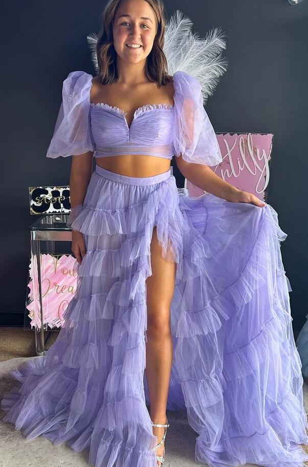 Two Piece Lavender Off the Shoulder Ruffles Prom Dress with Slit