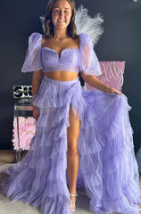 Two Piece Lavender Off the Shoulder Ruffles Prom Dress with Slit