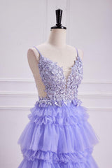 Straps Lavender V-Neck Appliques Layered Prom Dress