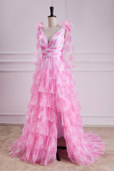 V-Neck Pink Floral Print Bow Tie Straps Ruffle Prom Dress