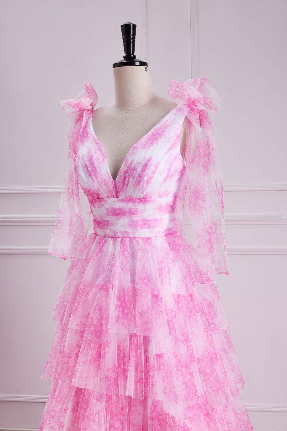 V-Neck Pink Floral Print Bow Tie Straps Ruffle Prom Dress