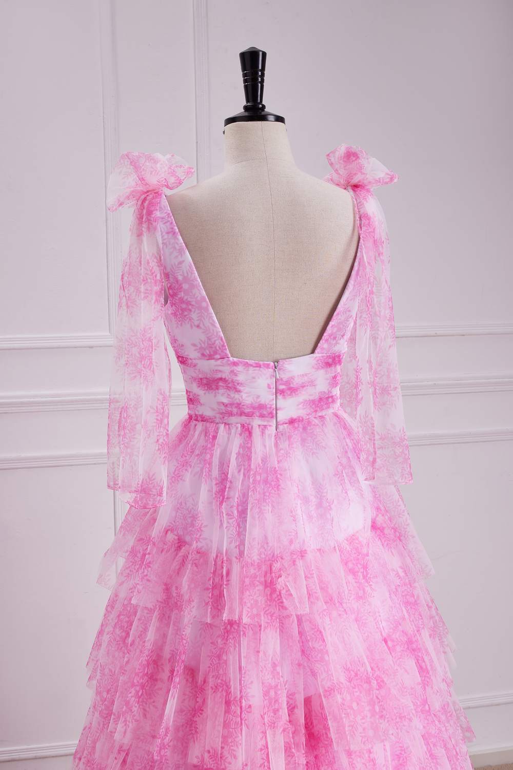 V-Neck Pink Floral Print Bow Tie Straps Ruffle Prom Dress