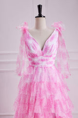 V-Neck Pink Floral Print Bow Tie Straps Ruffle Prom Dress