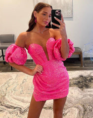 Fuchsia Bodycon Sequin Homecoming Dress With Detachable Sleeves
