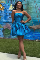 Glitter Pink A-Line Strapless Short Pleaded Homecoming Dress With Bowknot