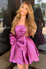 Glitter Pink A-Line Strapless Short Pleaded Homecoming Dress With Bowknot