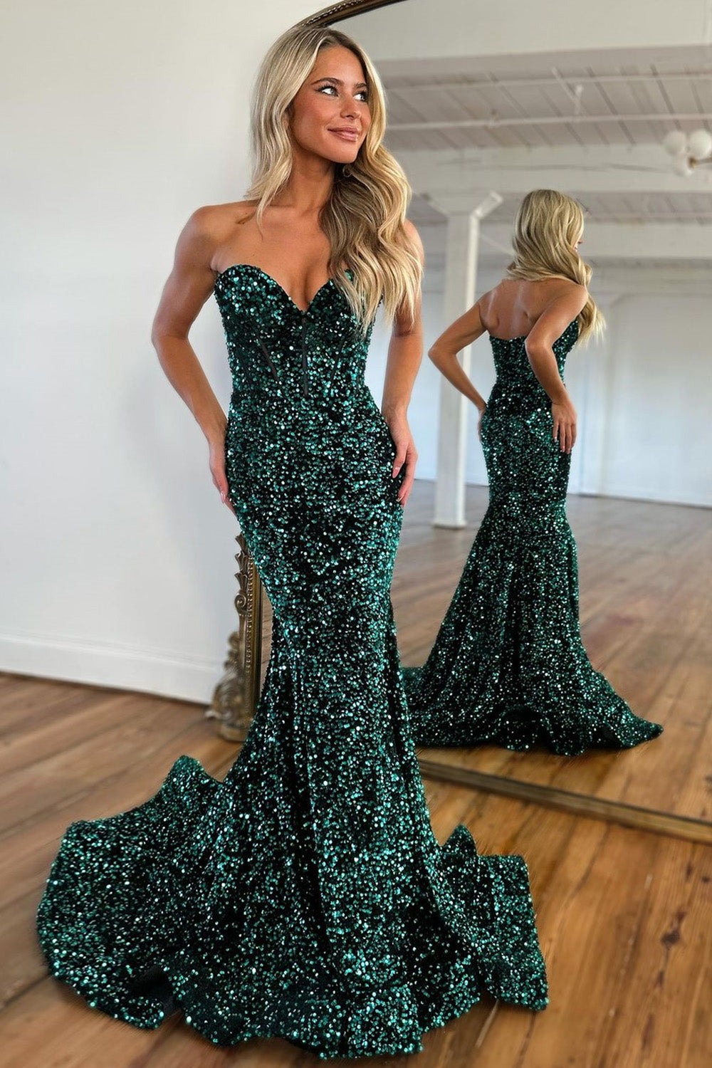 Glitter Sequin Dark Green Mermaid Sweetheart Long Prom Party Dress