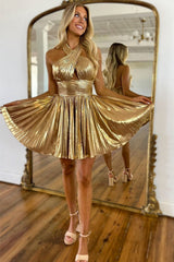 Gold A-Line Halter Neck Short Metallic Homecoming Dress