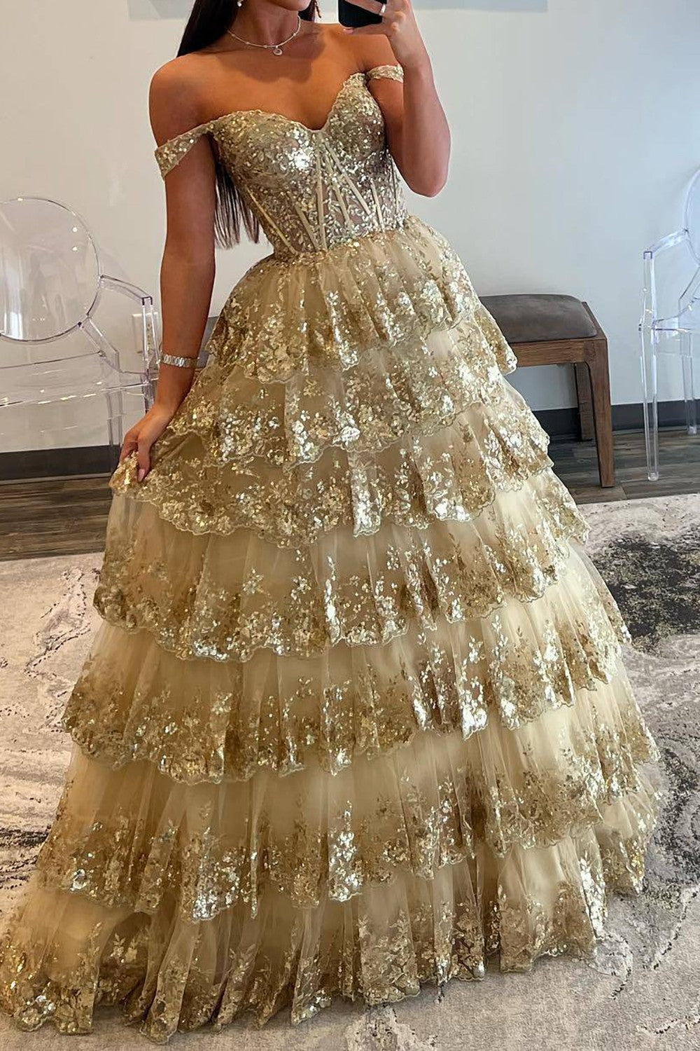 Sparkly Gorgeous A-Line Off The Shoulder Long Prom Dress with Sequin Appliques