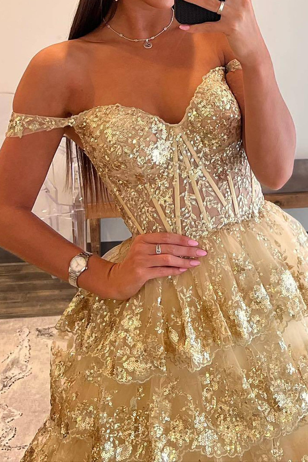 Sparkly Gorgeous A-Line Off The Shoulder Long Prom Dress with Sequin Appliques
