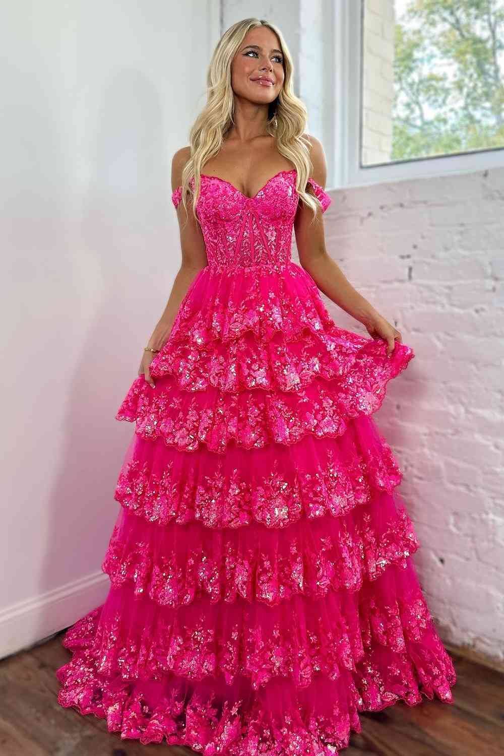 Sparkly Gorgeous A-Line Off The Shoulder Long Prom Dress with Sequin Appliques
