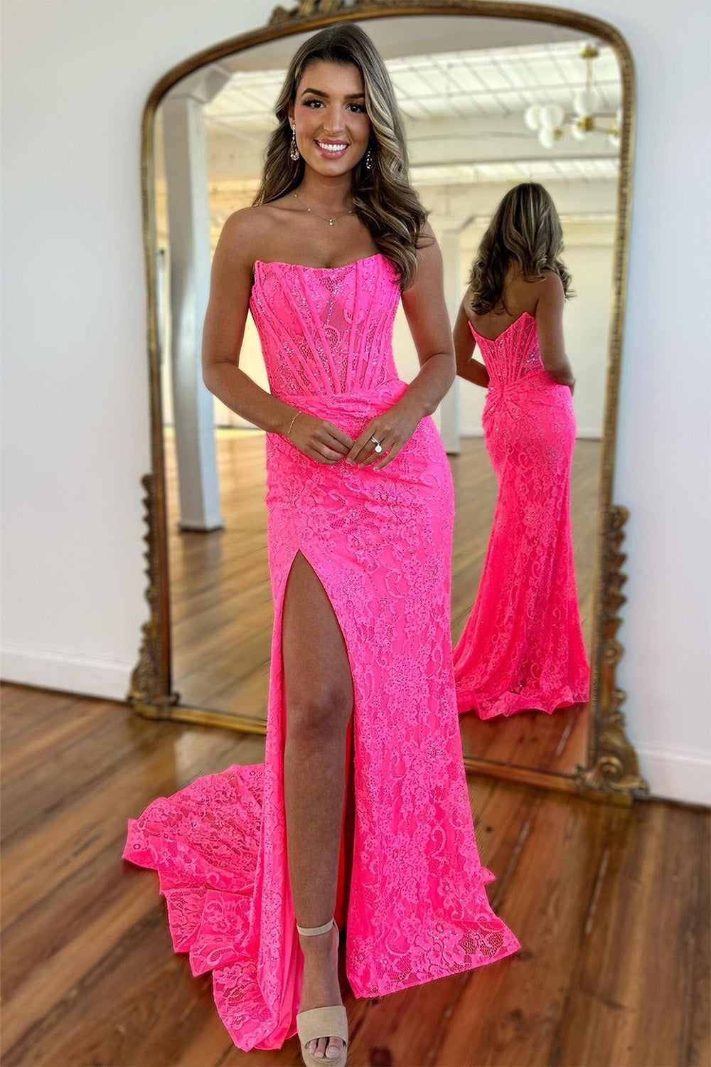 Gorgeous Mermaid Strapless Sweep Train Lace Prom Dress With Slit