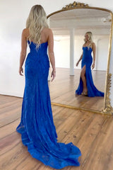 Gorgeous Mermaid Strapless Sweep Train Lace Prom Dress With Slit