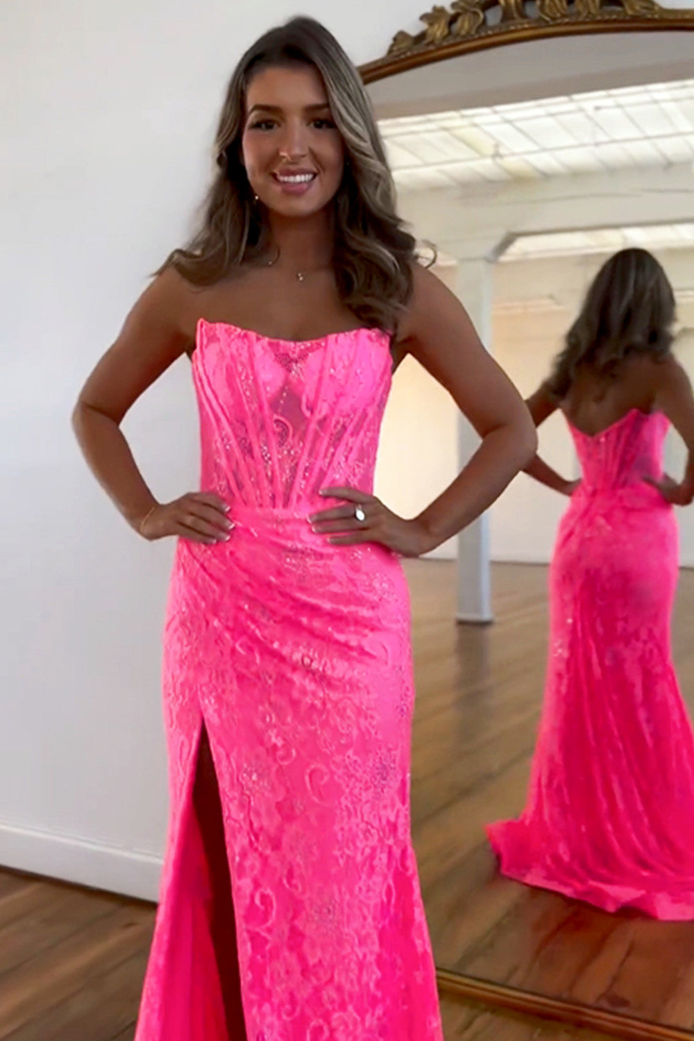 Romantic Lavender Mermaid Strapless Long Lace Prom Dress With Slit