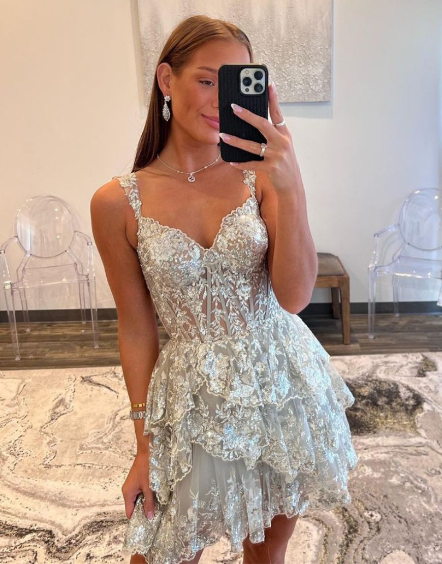 A-Line Glitter Off The Shoulder Tiered Short Homecoming Party Dress