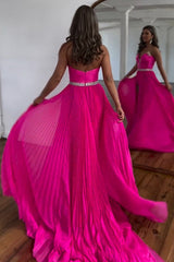 Hot Pink Strapless A-Line Sweep Train Prom Dress With Beaded Belt