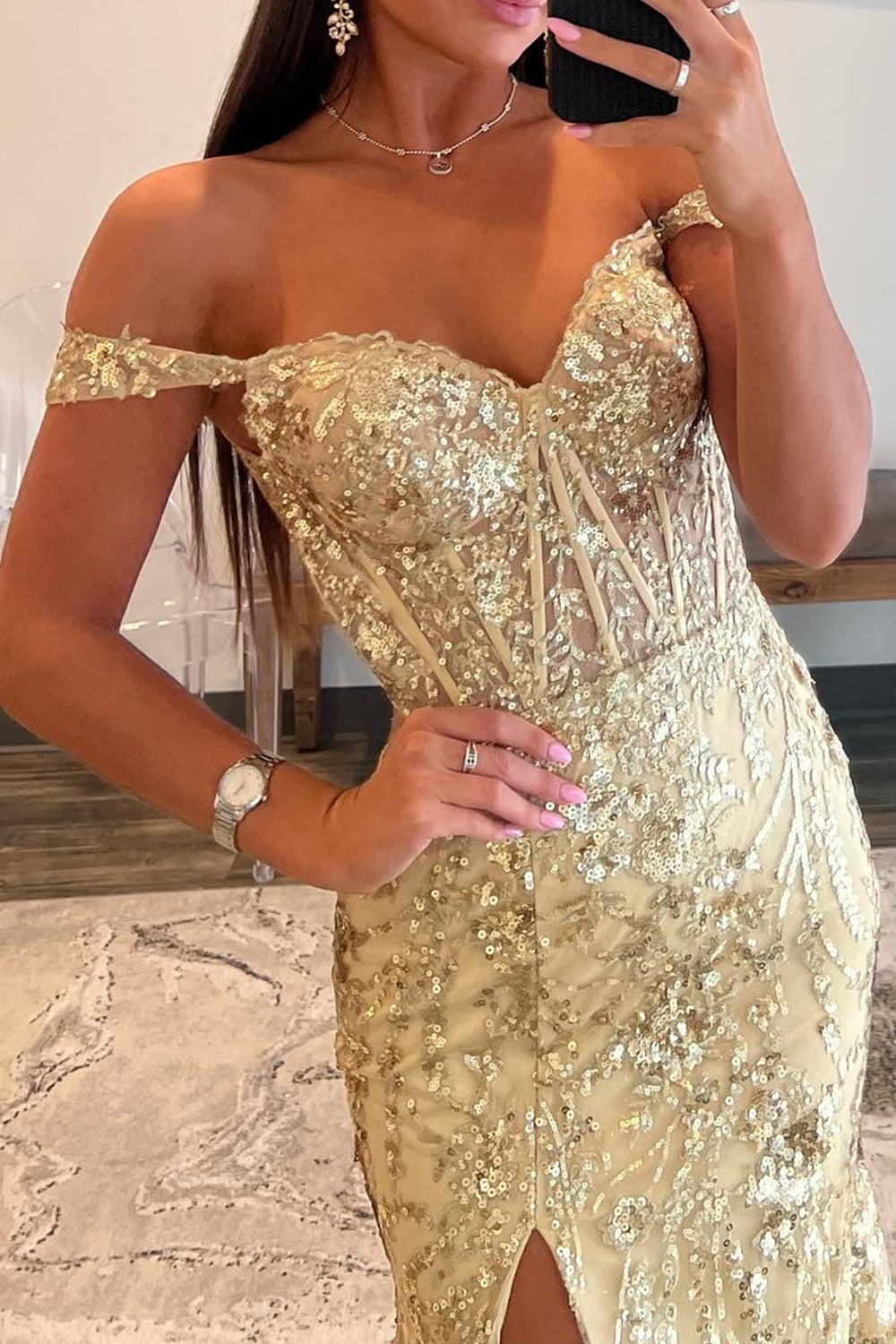 Golden Sparkly Off The Shoulder Mermaid Long Prom Dress with Slit