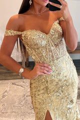 Golden Sparkly Off The Shoulder Mermaid Long Prom Dress with Slit