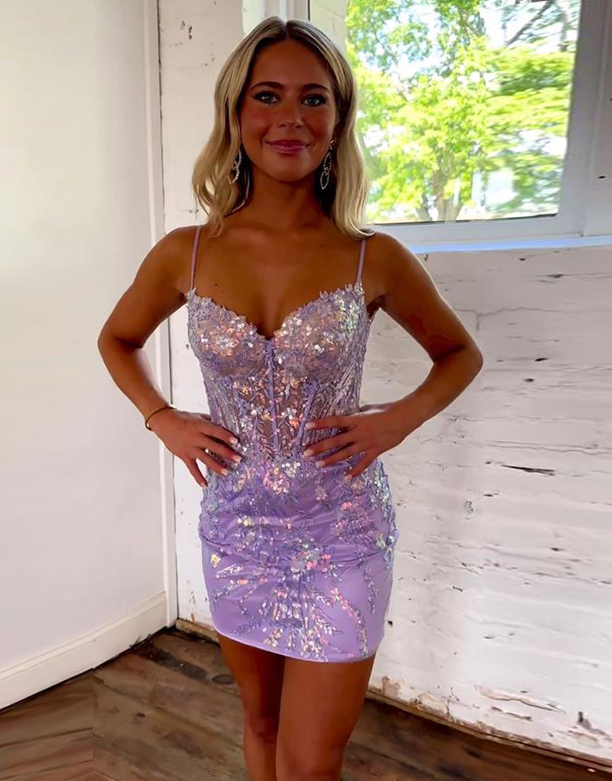 Lilac Sparkly Spaghetti Straps Short Tight Homecoming Dress