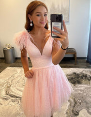 Lovely A-Line V-Neck Short Homecoming Dress With Feather