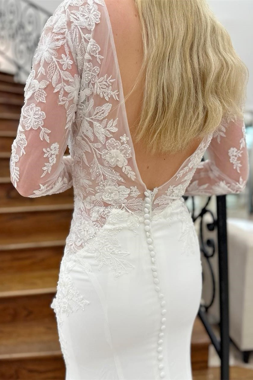 White Appliques Plunge V Mermaid Bridal Gown with Long Sleeves