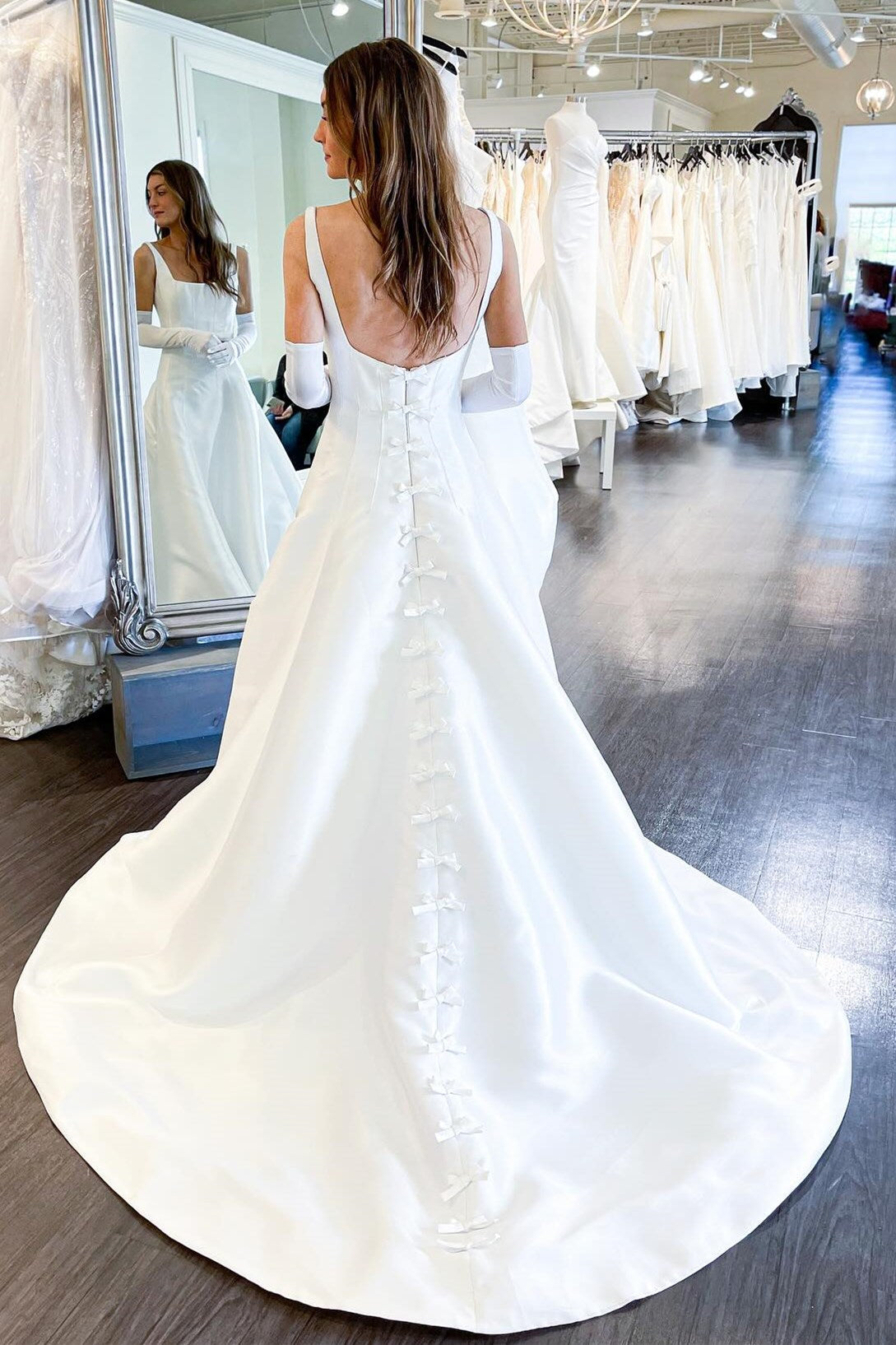 White Square Neck A-Line Wedding Dress with Bows