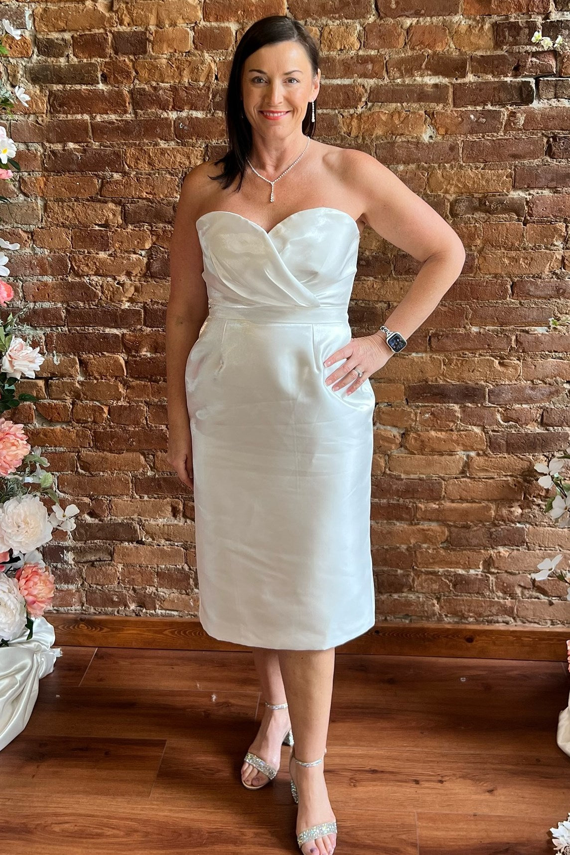 White Sweetheart Midi Reception Dress with Detachable Sleeves