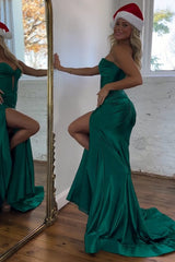 Satin Mermaid Strapless Long Prom Dress With Split