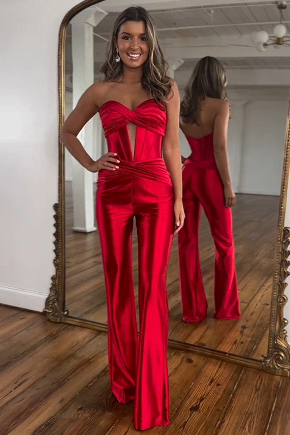 Stylish Red Sweetheart Zipper Back Long Satin Prom Jumpsuit