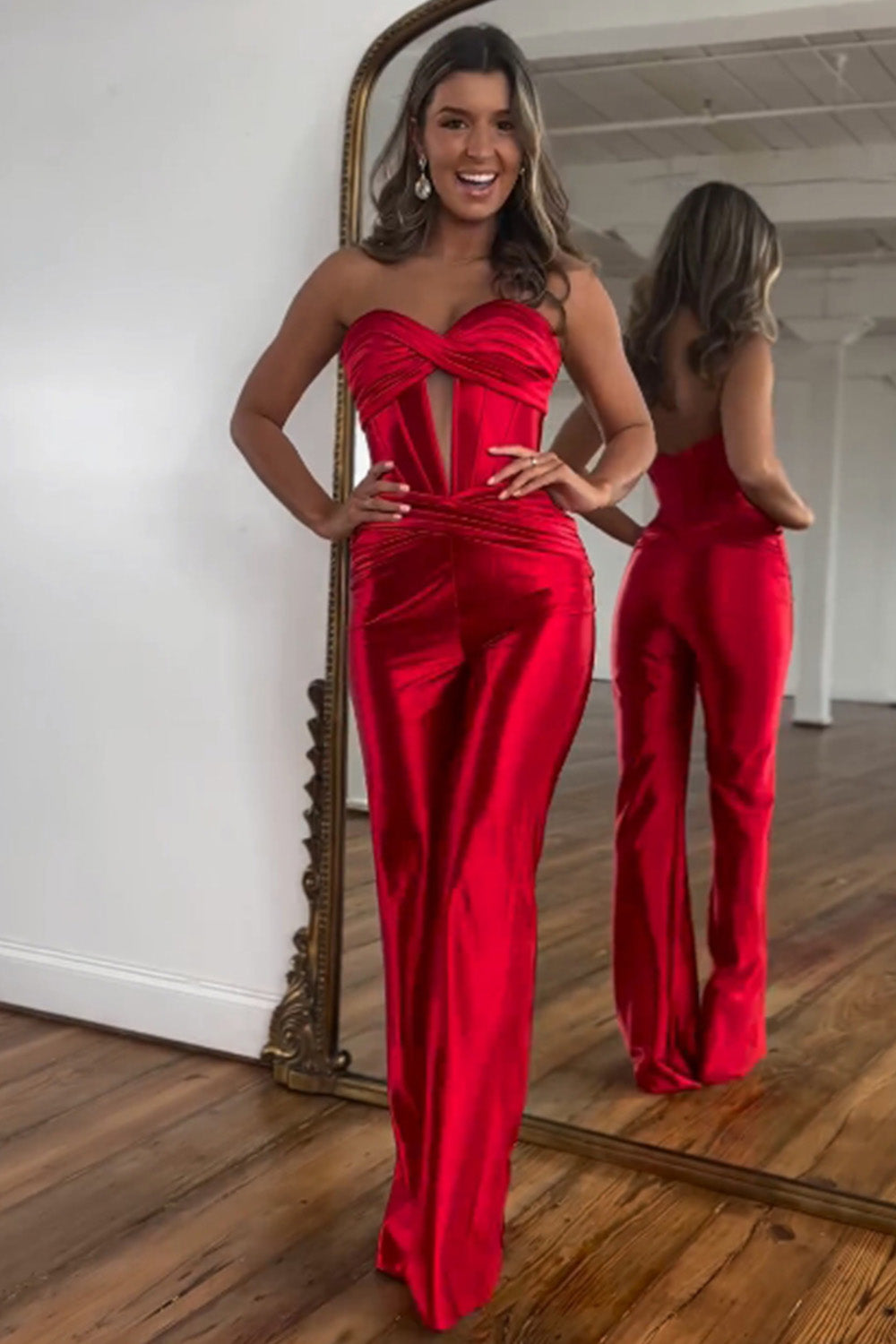 Stylish Red Sweetheart Zipper Back Long Satin Prom Jumpsuit
