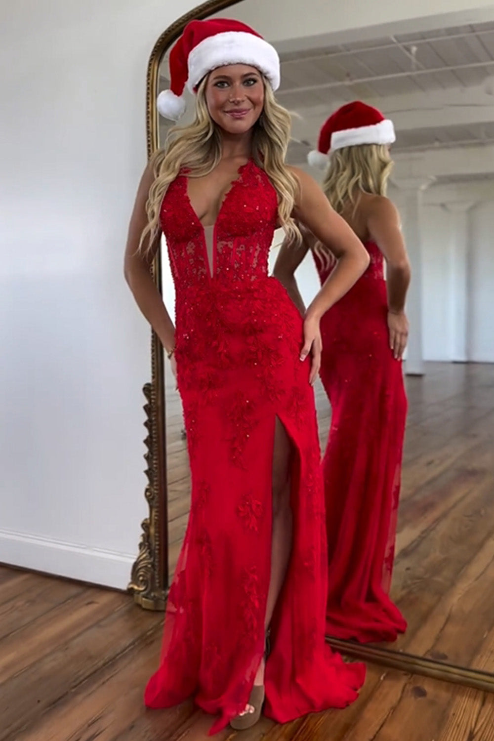 Red Mermaid Deep V-Neck Long Lace Prom Dress With Split