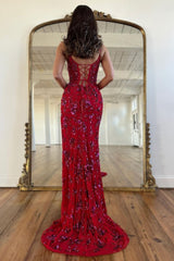 Red Sparkly Spaghetti Straps Lace Up Long Corset Prom Dress With Split