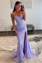 Romantic Lavender Mermaid Strapless Long Lace Prom Dress With Slit