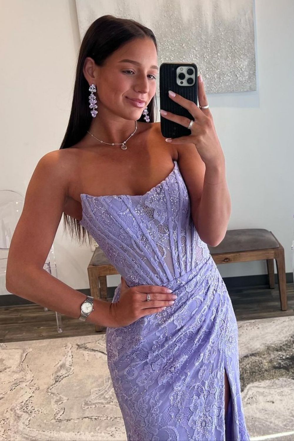 Romantic Lavender Mermaid Strapless Long Lace Prom Dress With Slit