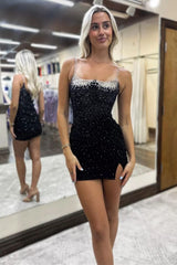 Royal Blue Bodycon Spaghetti Straps Short Beaded Homecoming Dress With Slit