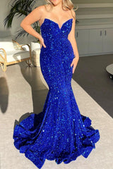 Royal Blue Sparkly Sequin Strapless Long Corset Prom Dress