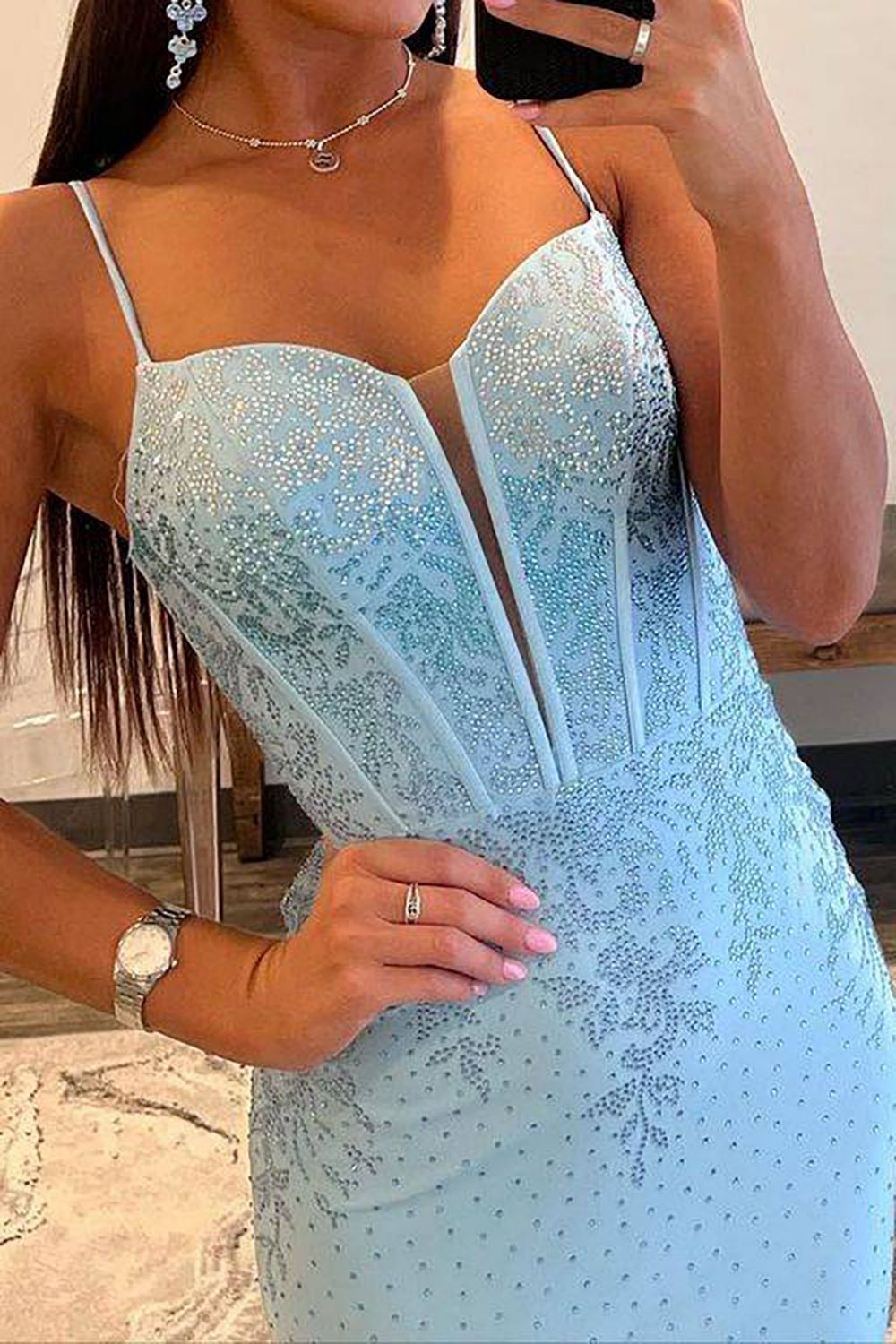 Glitter Light Blue Mermaid Lace Up Long Prom Dress With Slit And Beading