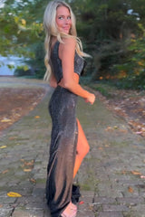 Sparkly One Shoulder Long Corset Beaded Prom Dress With Split