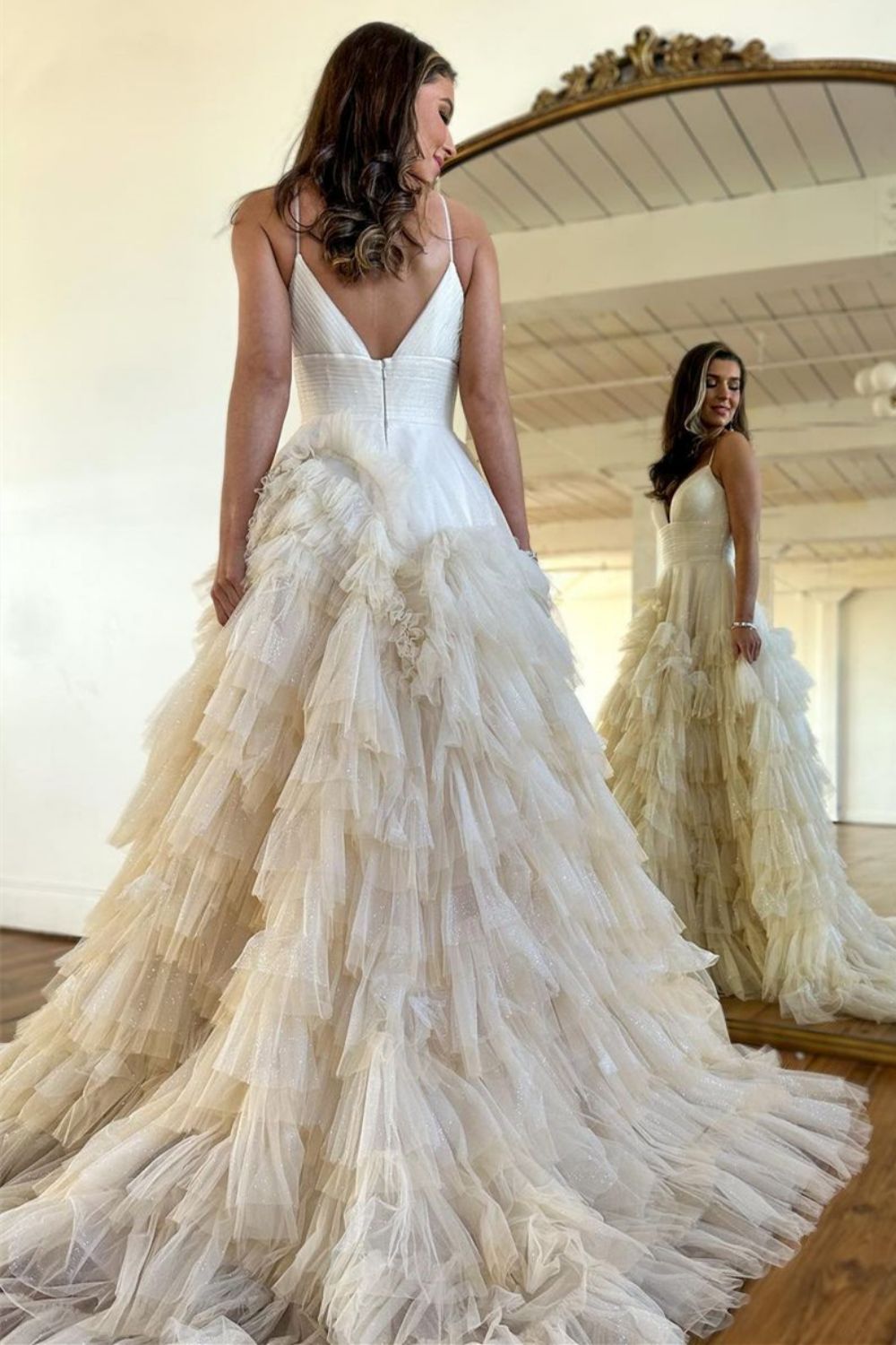 Princess A Line Spaghetti Straps Zipper Back Black Long Tulle Prom Dress