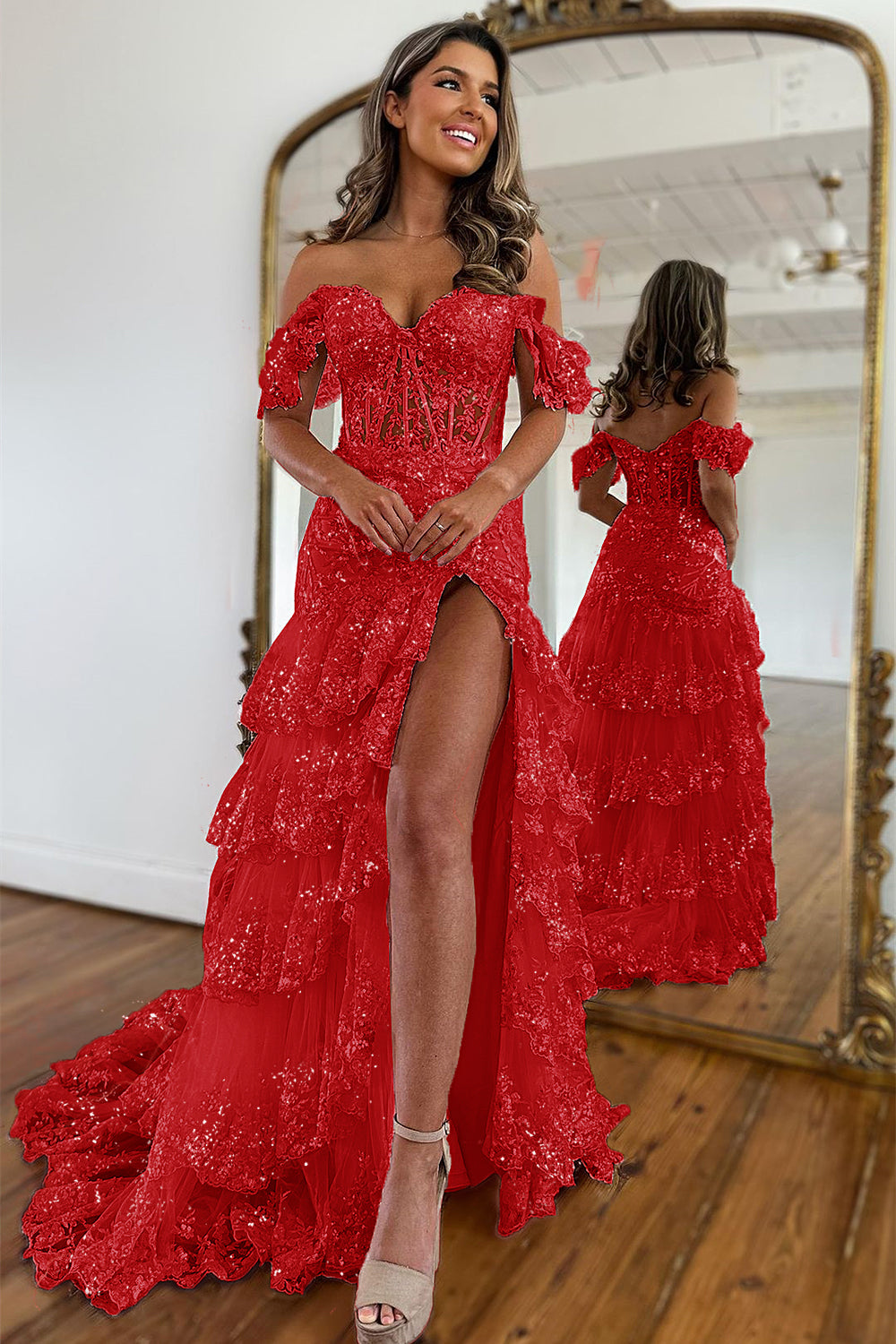 Sparkly Off The Shoulder Long Mermaid Prom Dress With Appliques And Split