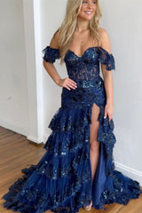 Sparkly Off The Shoulder Long Mermaid Prom Dress With Appliques And Split